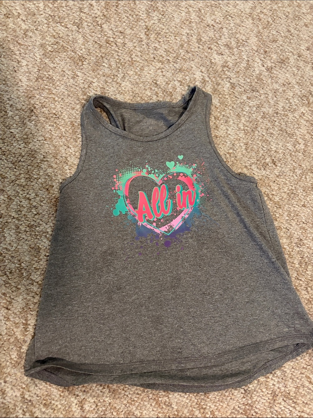 4/$12 Girls' Gray Tank Top with 'All in' Heart Graphic- size M